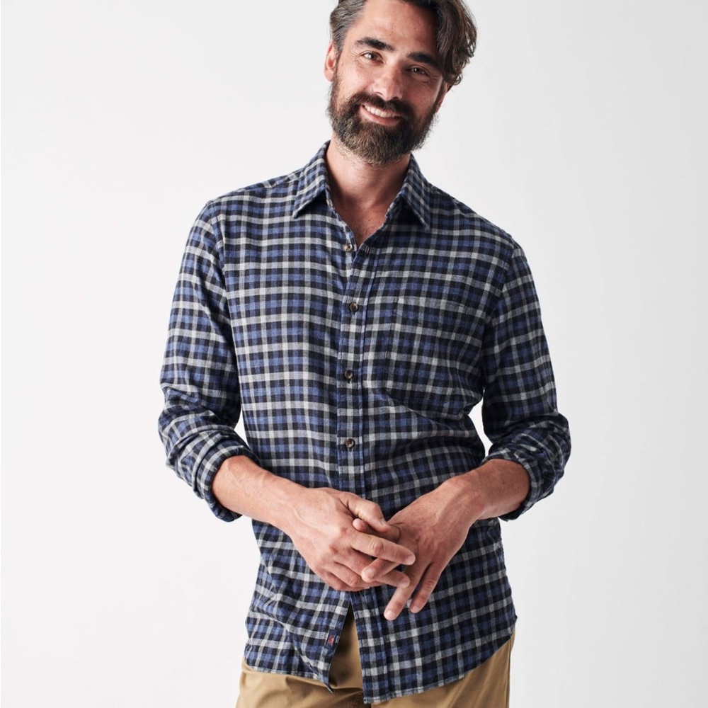 Faherty Stretch Featherweight‎ Flannel Windpoint Plaid Blue Grey Checker Classic